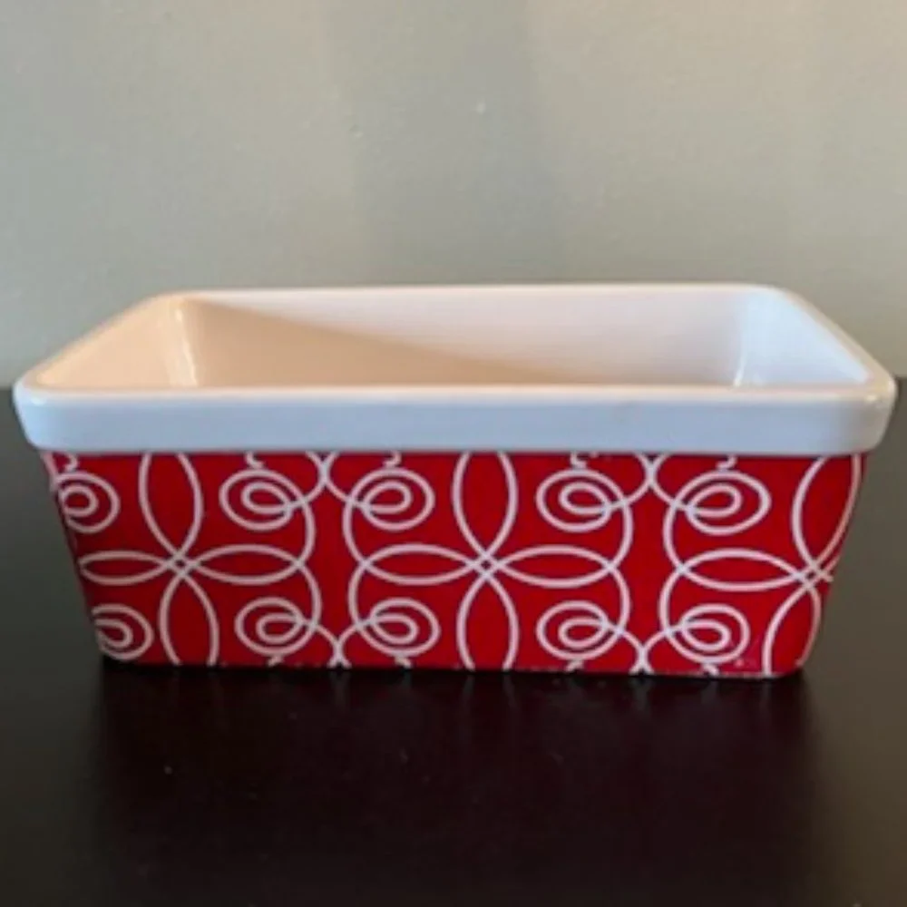 2  Kris Ruff Stoneware Loaf Pans ~ Blue Harbor Collection ~ Red with White